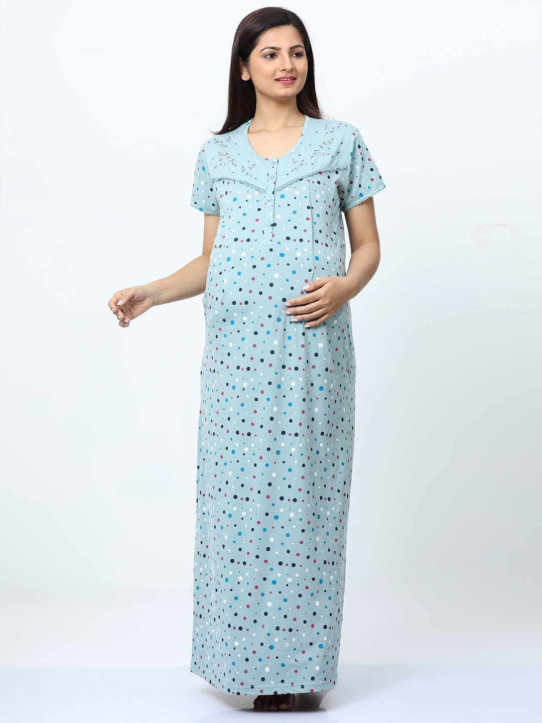 

9shines Label Polka Dots Printed Maternity Maxi Nightdress, Blue