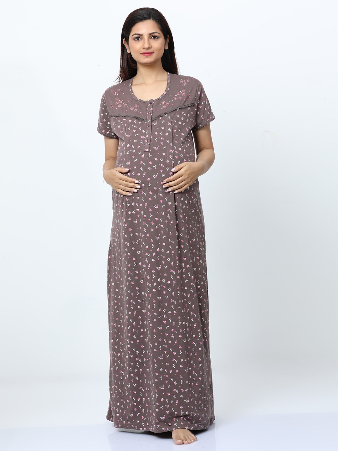 

9shines Label Polka Dots Printed Maternity Maxi Nightdress, Grey