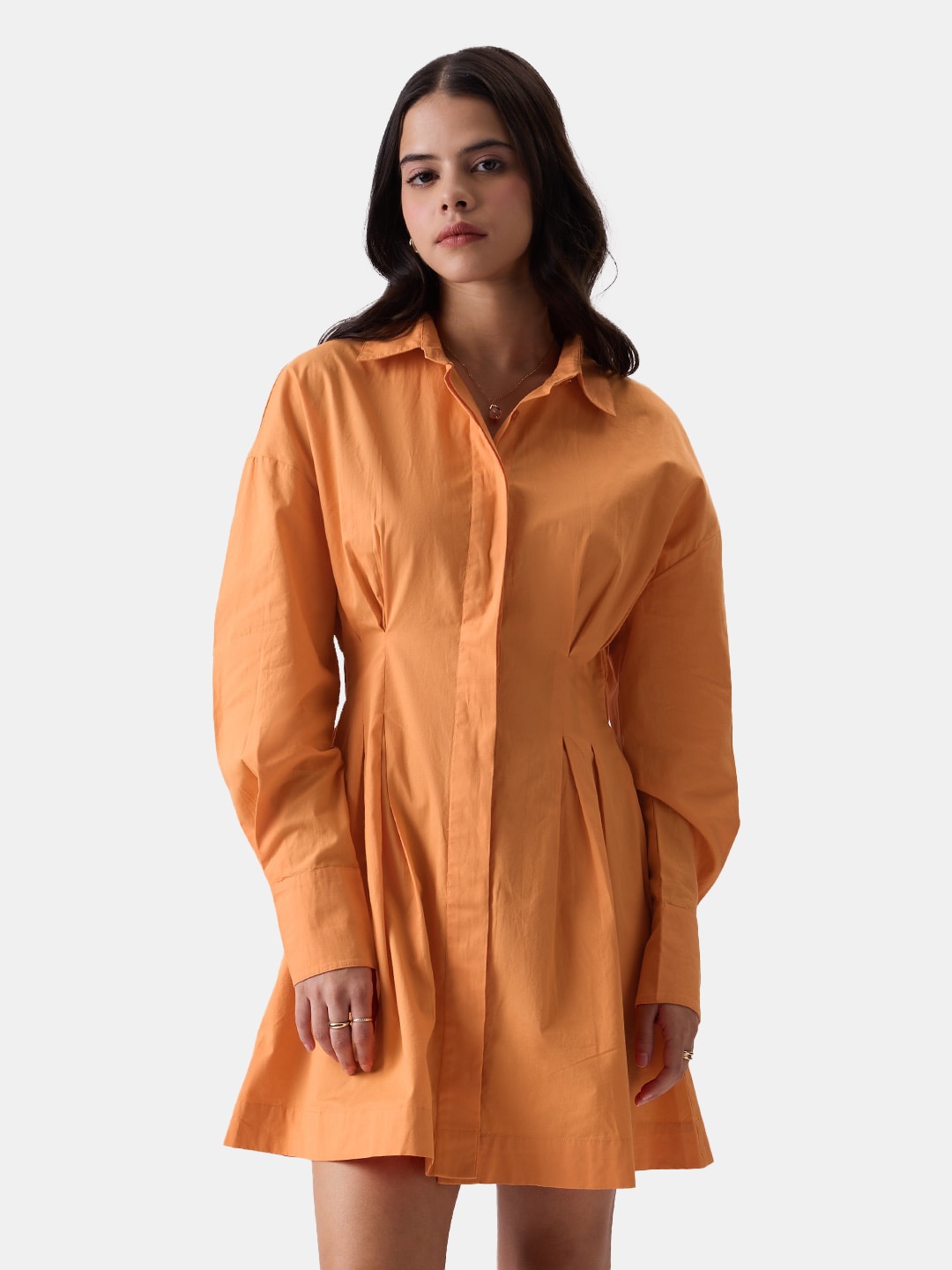 

The Souled Store Long Cuffed Sleeves Pure Cotton Shirt Style Dress, Orange