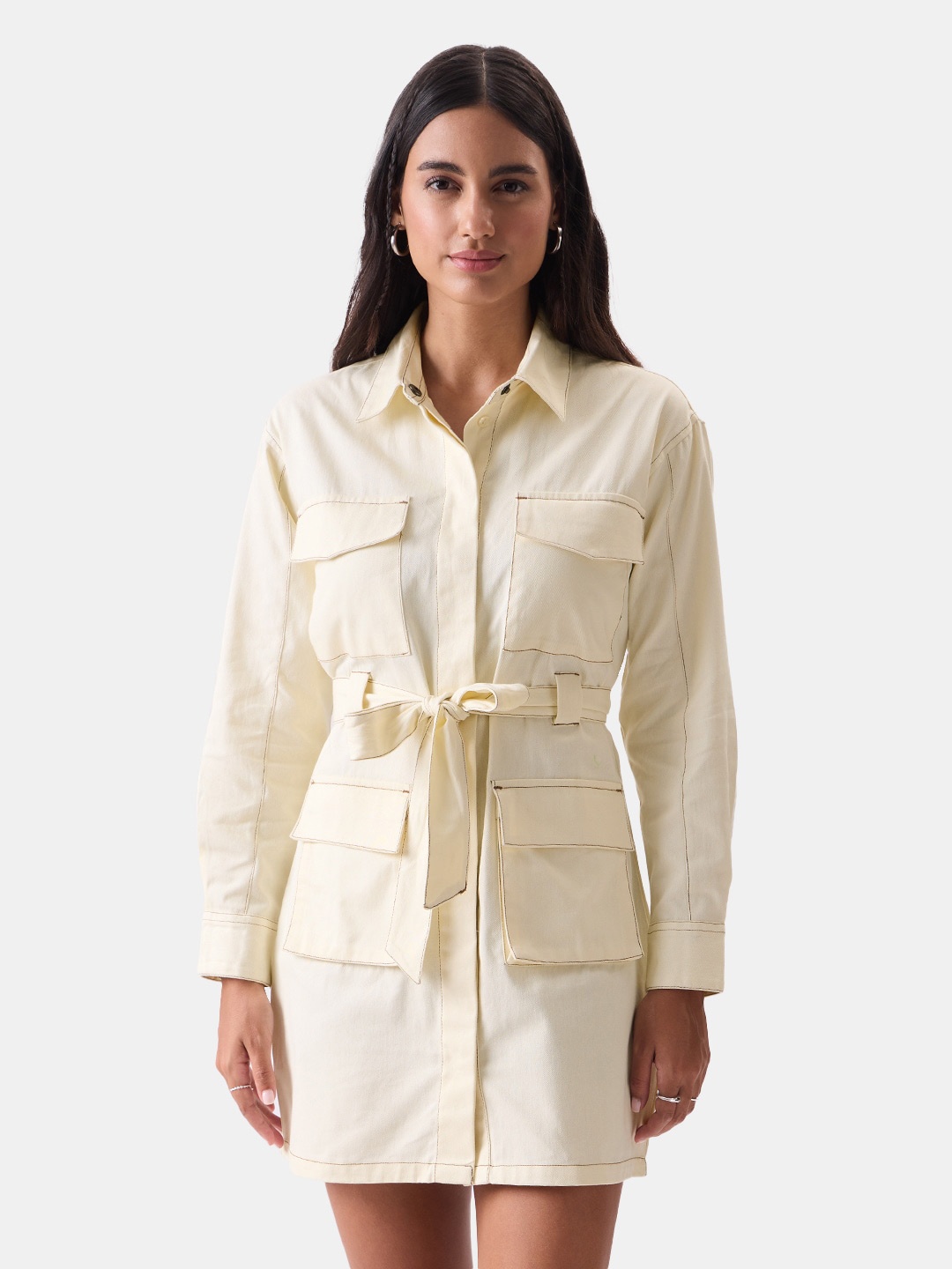 

The Souled Store Off-White Cuffed Sleeves Belted Pure Cotton Shirt Dress