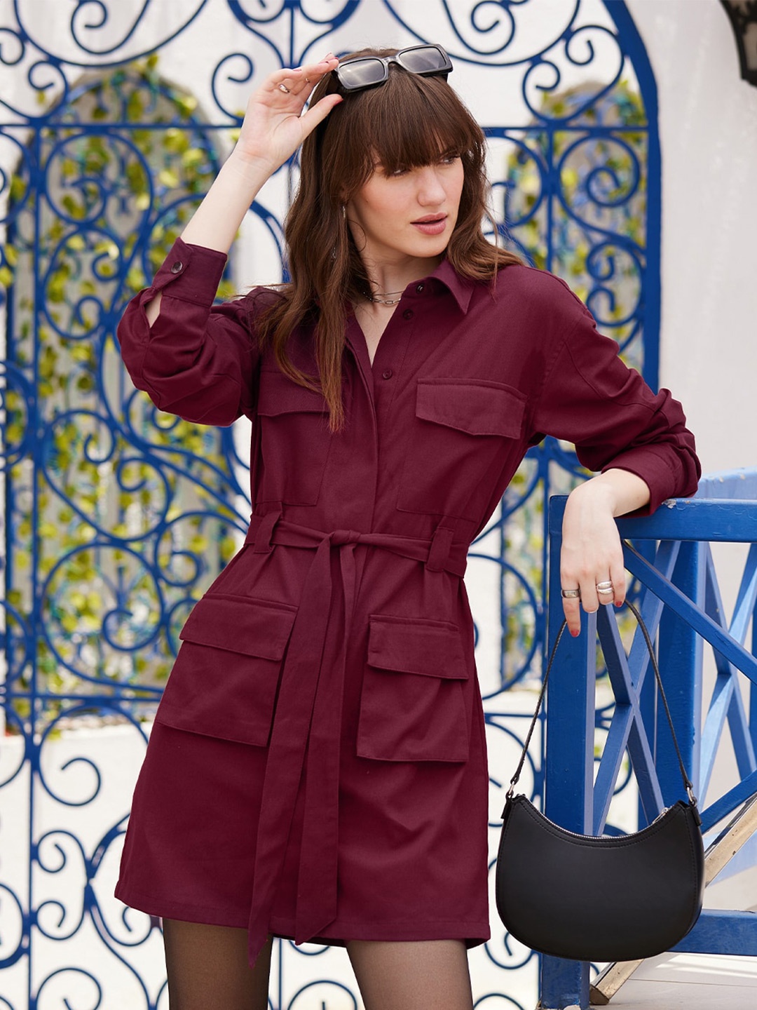 

The Souled Store Shirt Collar Shirt Cotton Dress, Burgundy