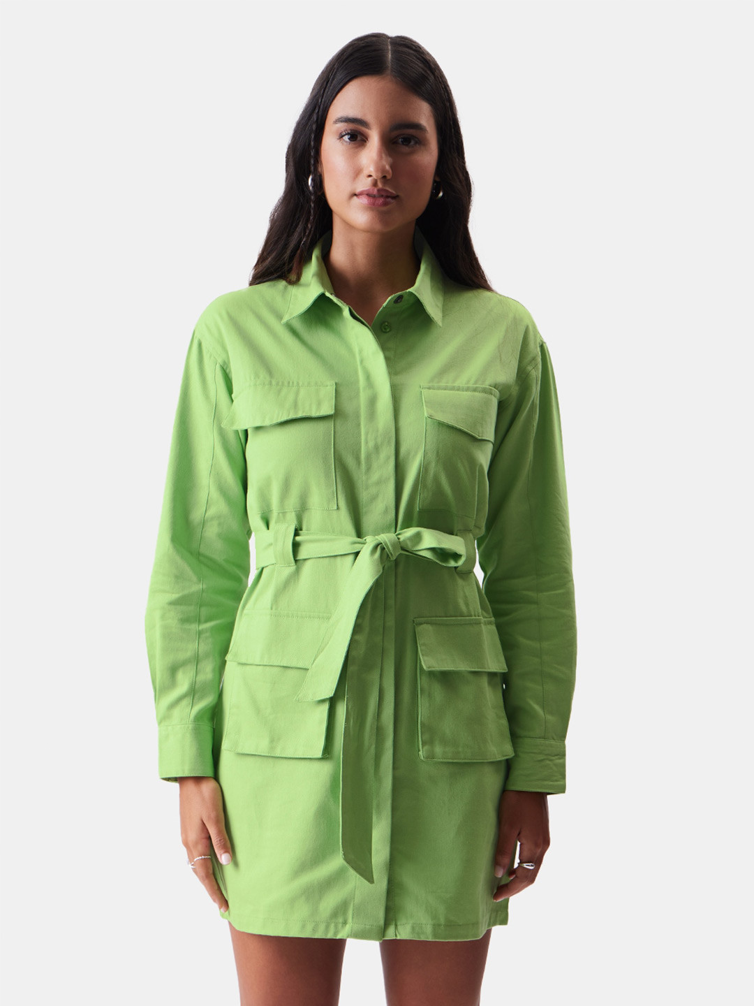 

The Souled Store Shirt Collar Tie-Ups Detail Cotton Shirt Dress, Green