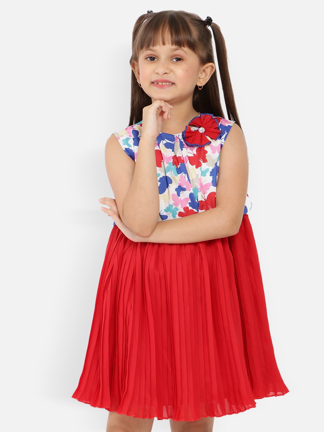 

Nauti Nati Girls Floral Printed Gathered Or Pleated Fit & Flare Dress, Red