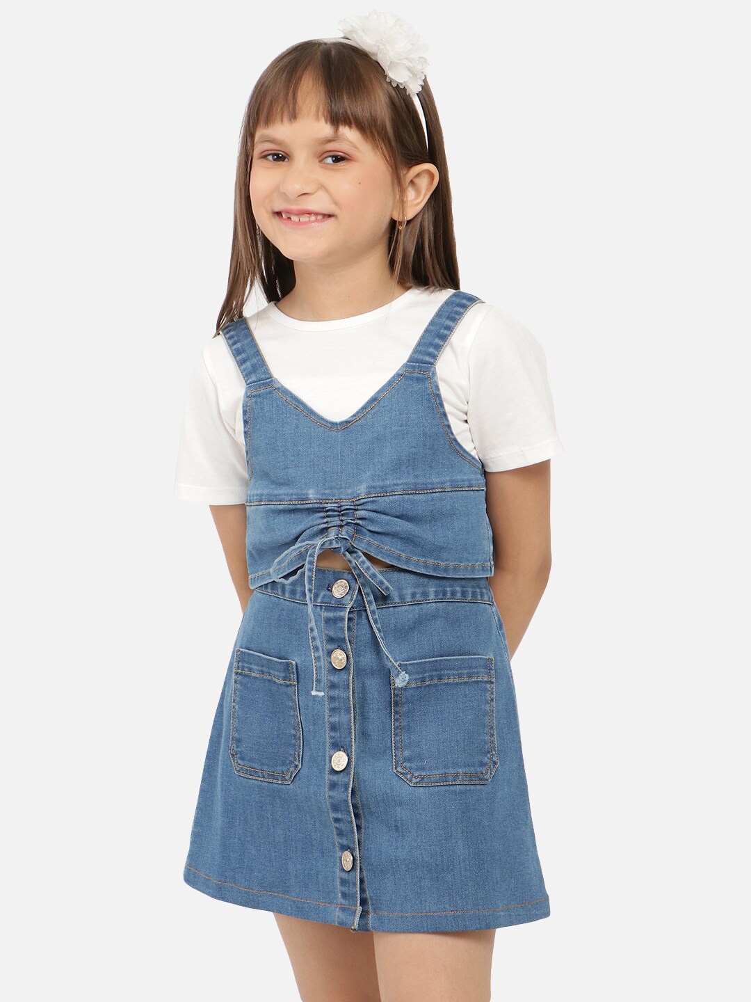

Nauti Nati Girls V-Neck Pure Cotton Denim Top with Skirt, Blue