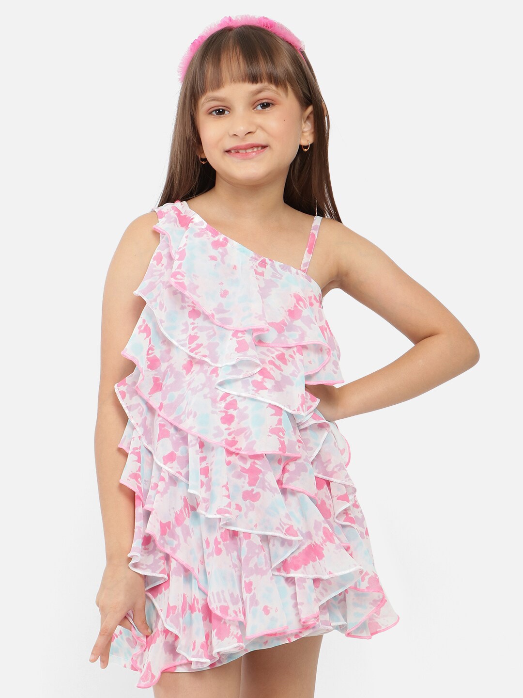 

Nauti Nati Floral Printed One Shoulder Ruffled Georgette A-Line Dress, Pink