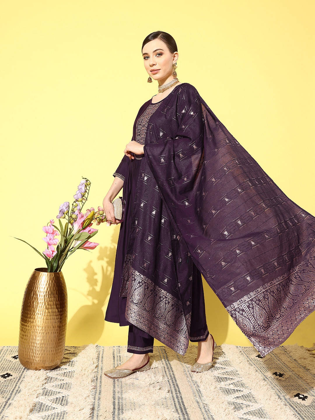 

SheWill Women Ethnic Motifs Embroidered Regular Kurta with Trousers & With Dupatta, Purple