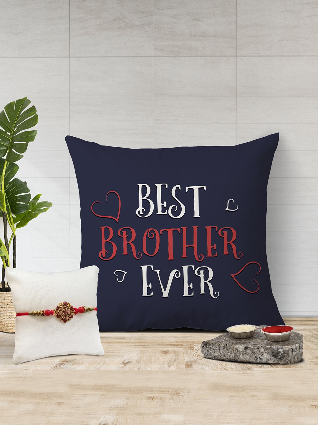 

The Purple Tree Best Brother Printed Cushion & Rakhi Gift Set, Navy blue