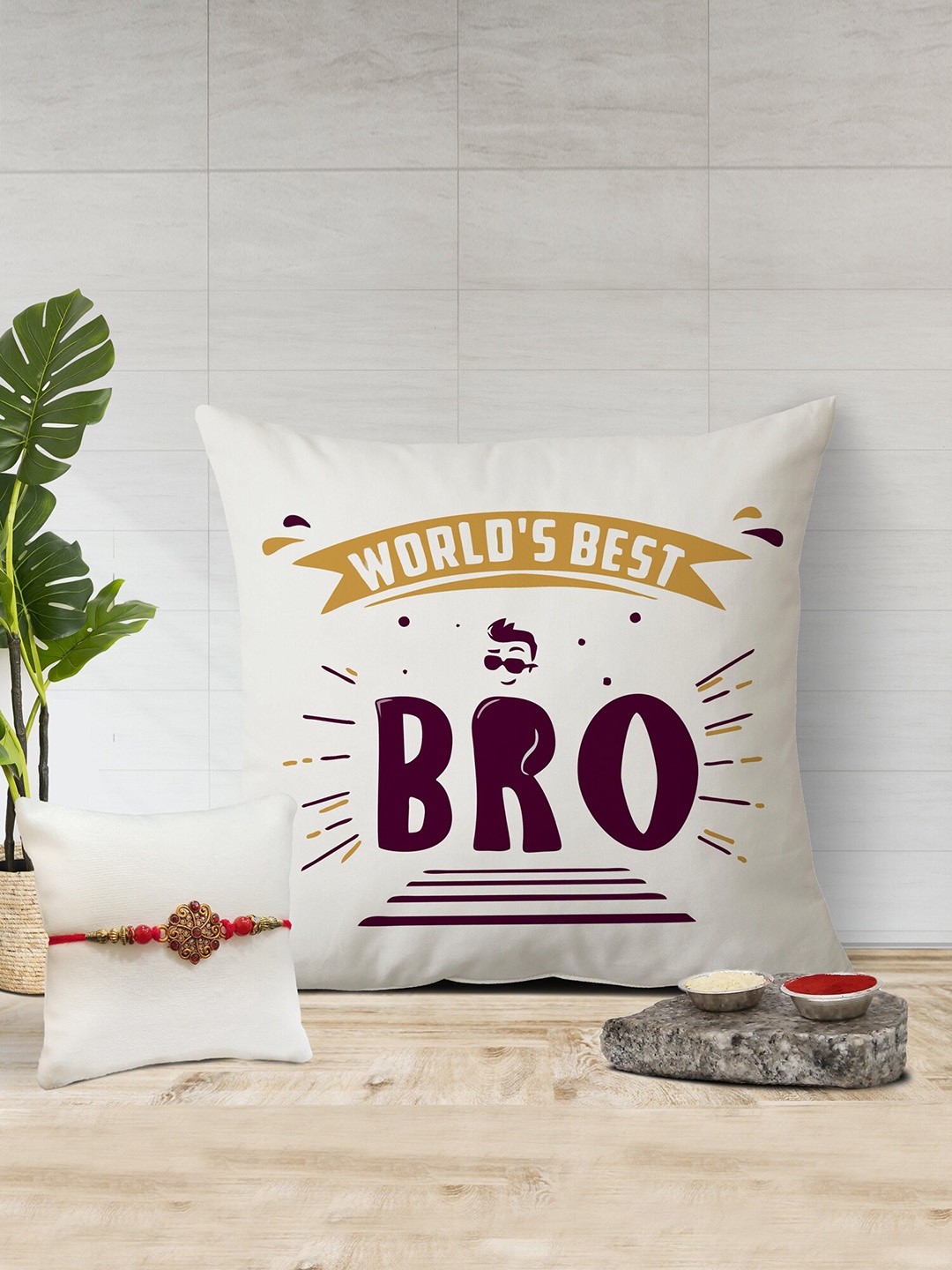 

The Purple Tree Worlds Best Brother Printed Cushion & Rakhi Gift Set, White
