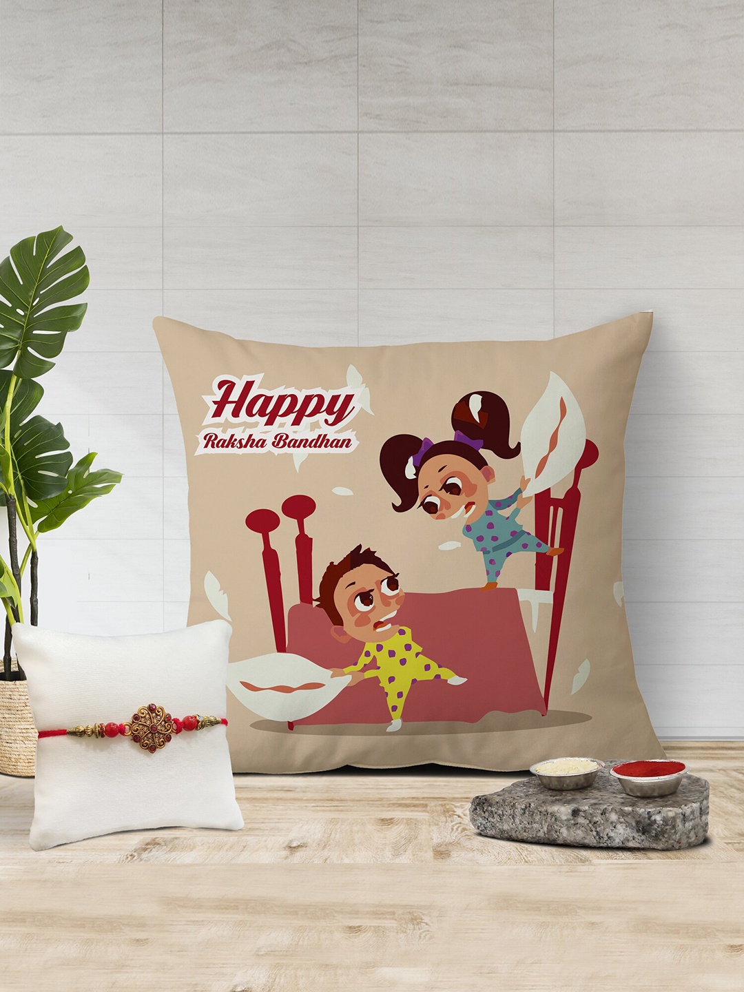 

The Purple Tree Miss Unisex Rakhi With Printed Cushion & Roli Chawal, Beige
