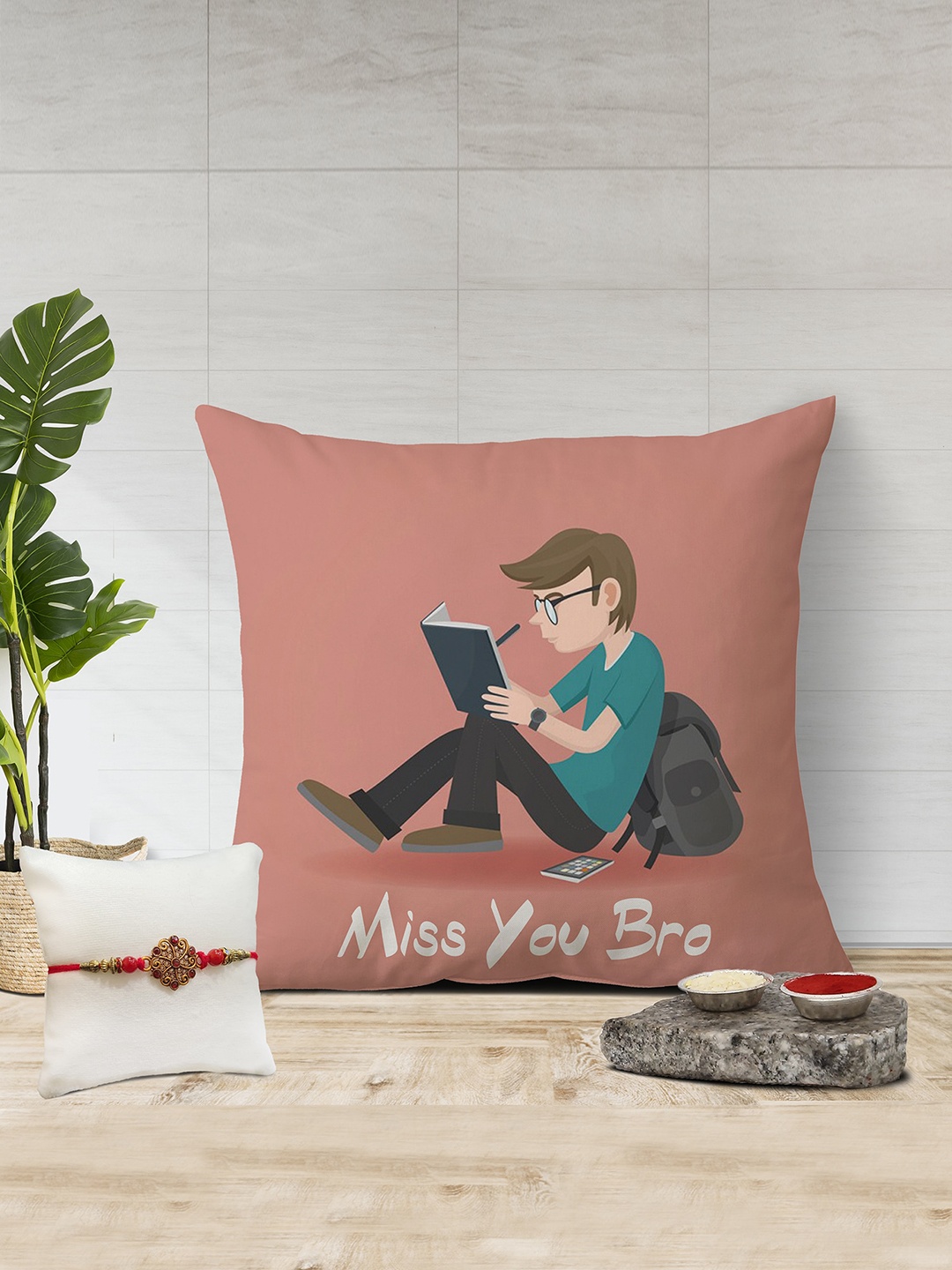 

The Purple Tree Miss Unisex Rakhi With Printed Cushion & Roli Chawal, Red