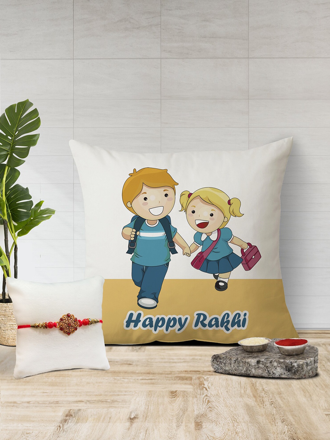 

The Purple Tree Happy Rakhi Printed Cushion & Rakhi Gift Set, White