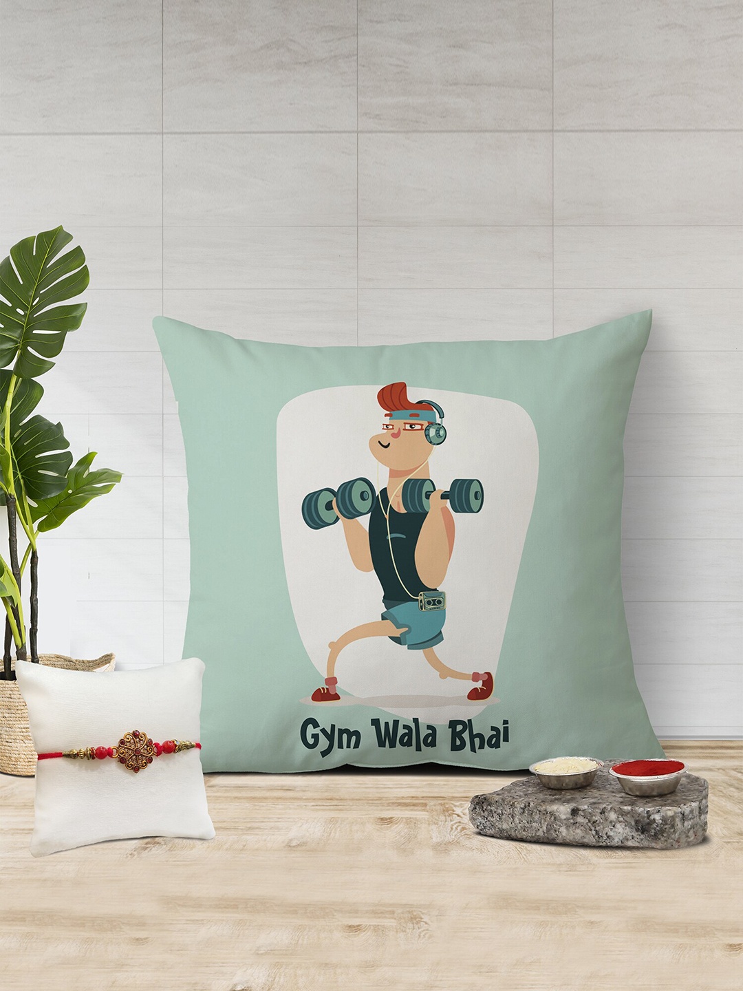 

The Purple Tree Rakhi With Gym Wala Bhai Printed Cushion, Green