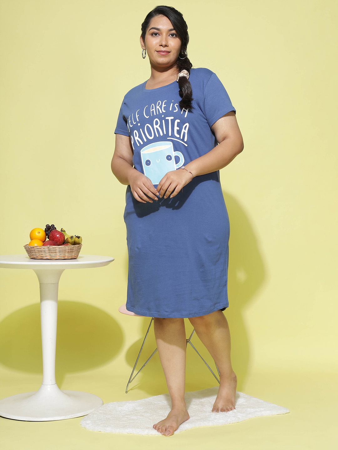

9shines Label Typography Printed Pure Cotton Nightdress, Blue
