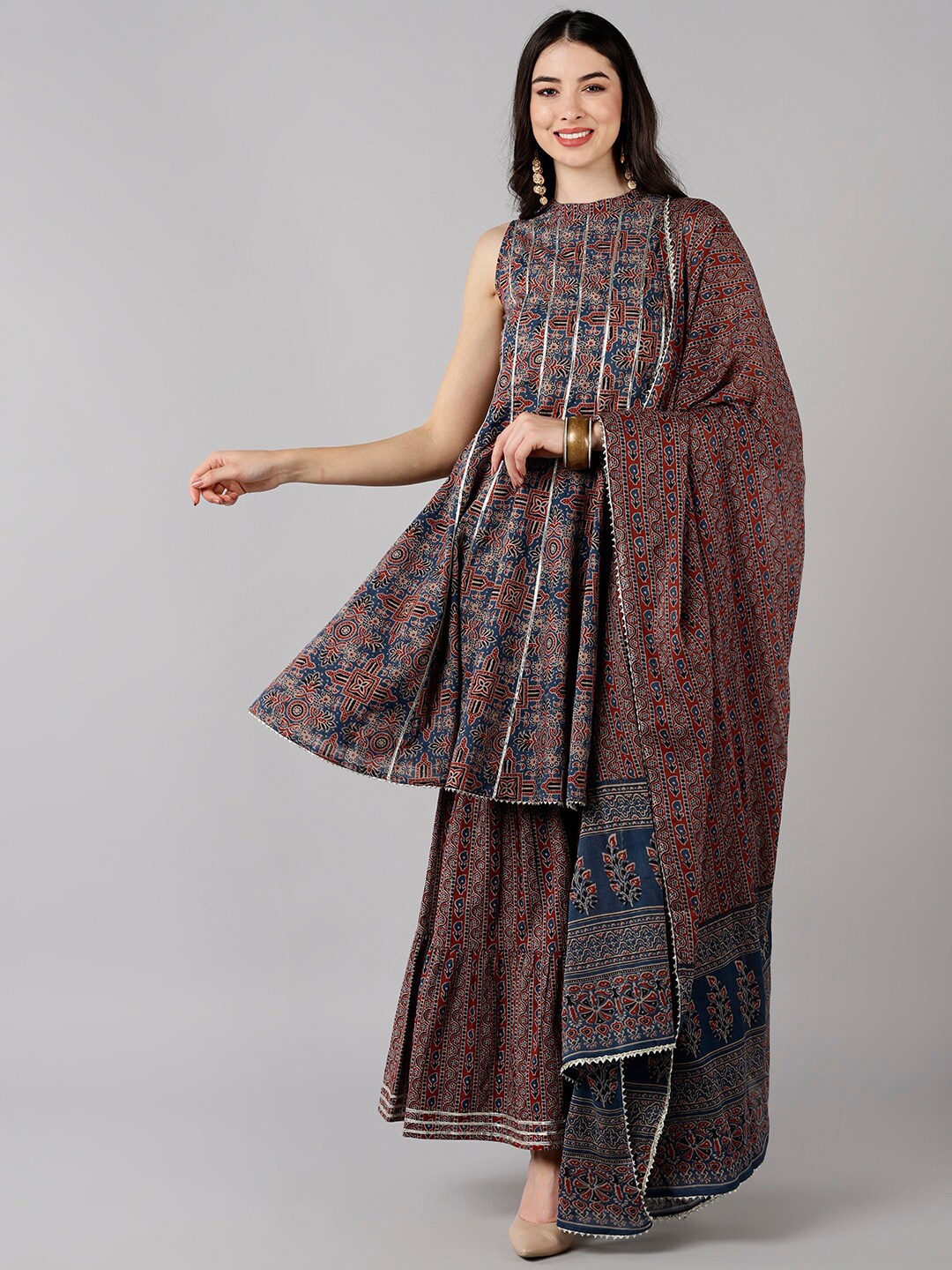 

AHIKA Ethnic Motifs Printed Gotta Patti Pure Cotton Kurta With Sharara & With Dupatta, Blue