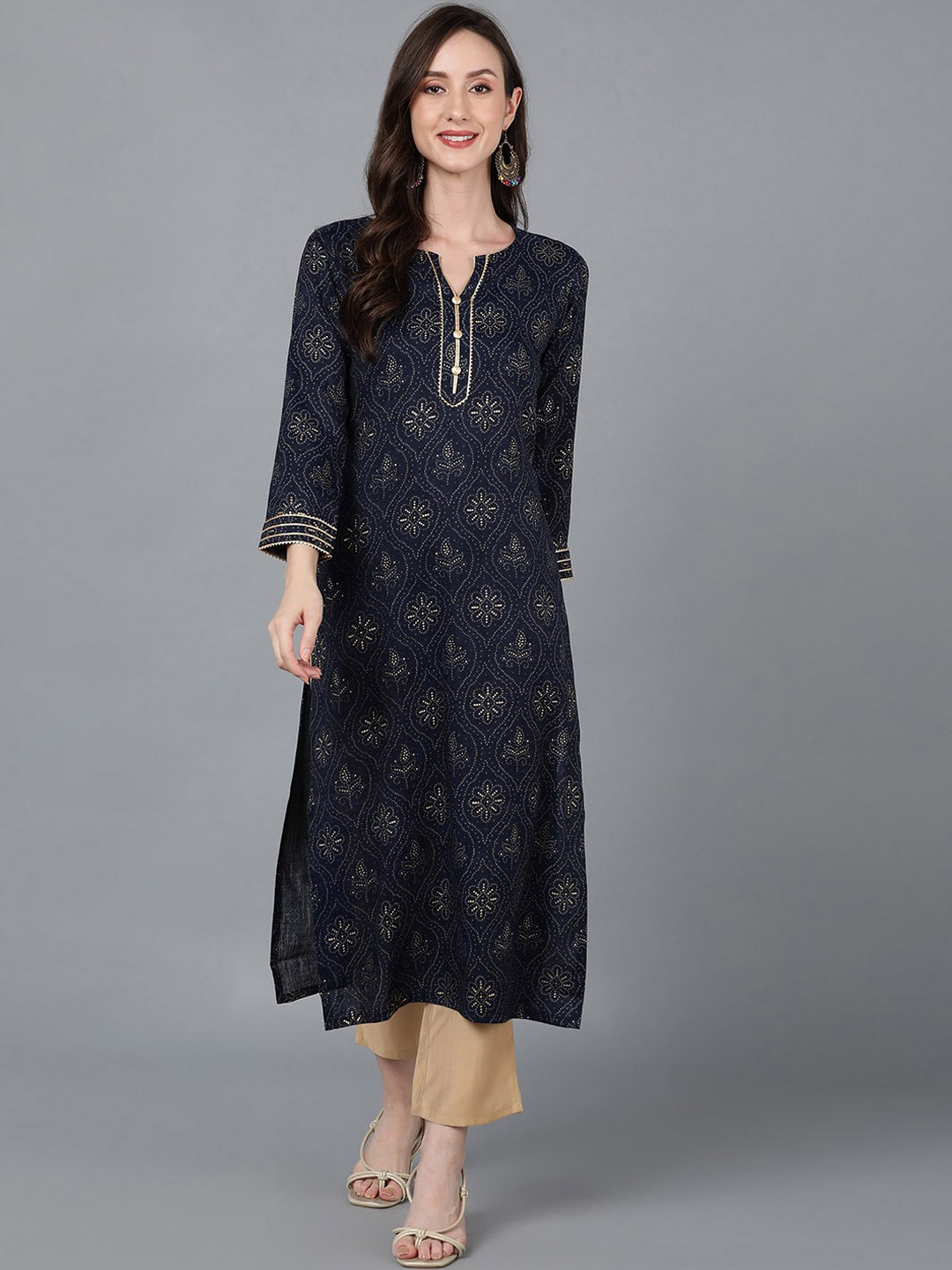 

AHIKA Ethnic Motifs Printed Round Neck Kurta, Navy blue