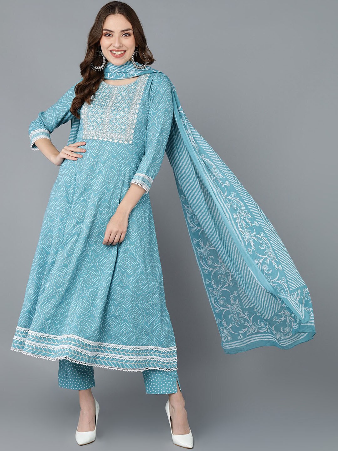 

AHIKA Blue Bandhani Printed Anarkali Kurta & Trousers With Dupatta
