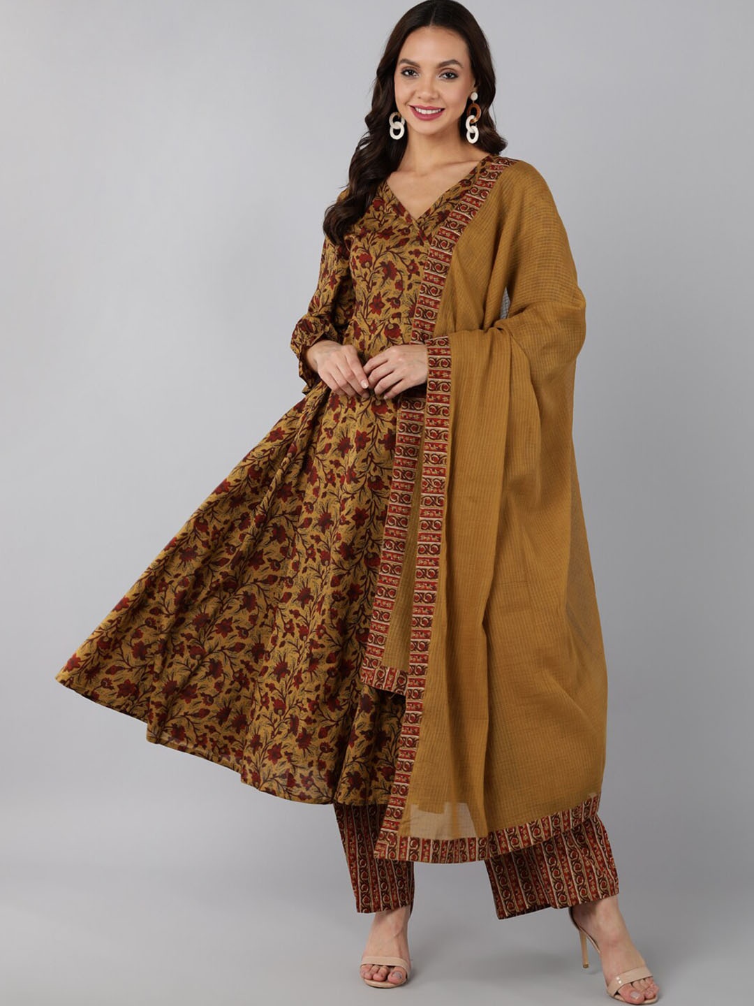 

AHIKA Floral Printed Pure Cotton Kurta With Trousers & Dupatta, Brown