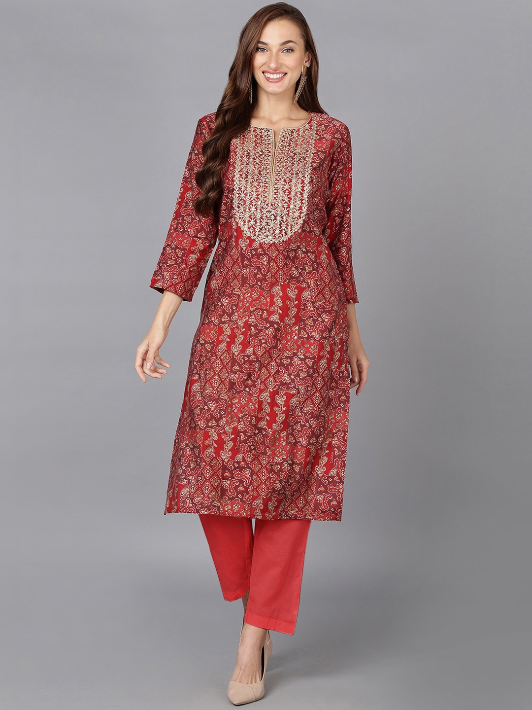 

AHIKA Paisley Printed Thread Work Kurta, Red