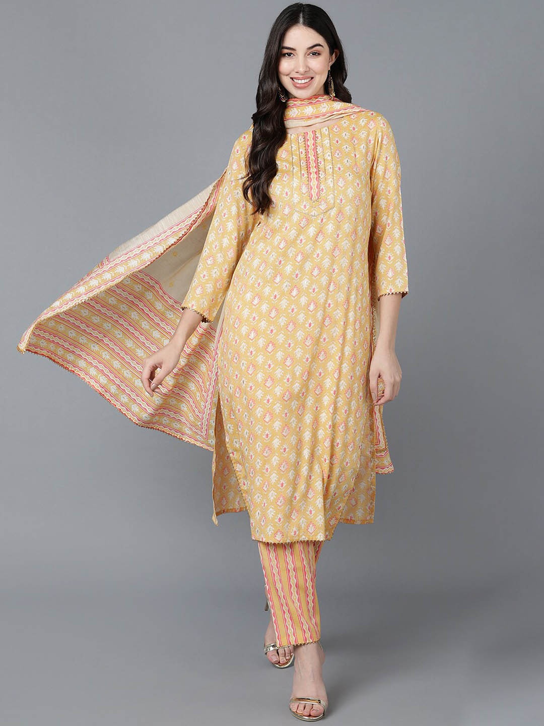 

AHIKA Ethnic Motifs Printed Pure Cotton Kurta With Trousers & Dupatta, Yellow