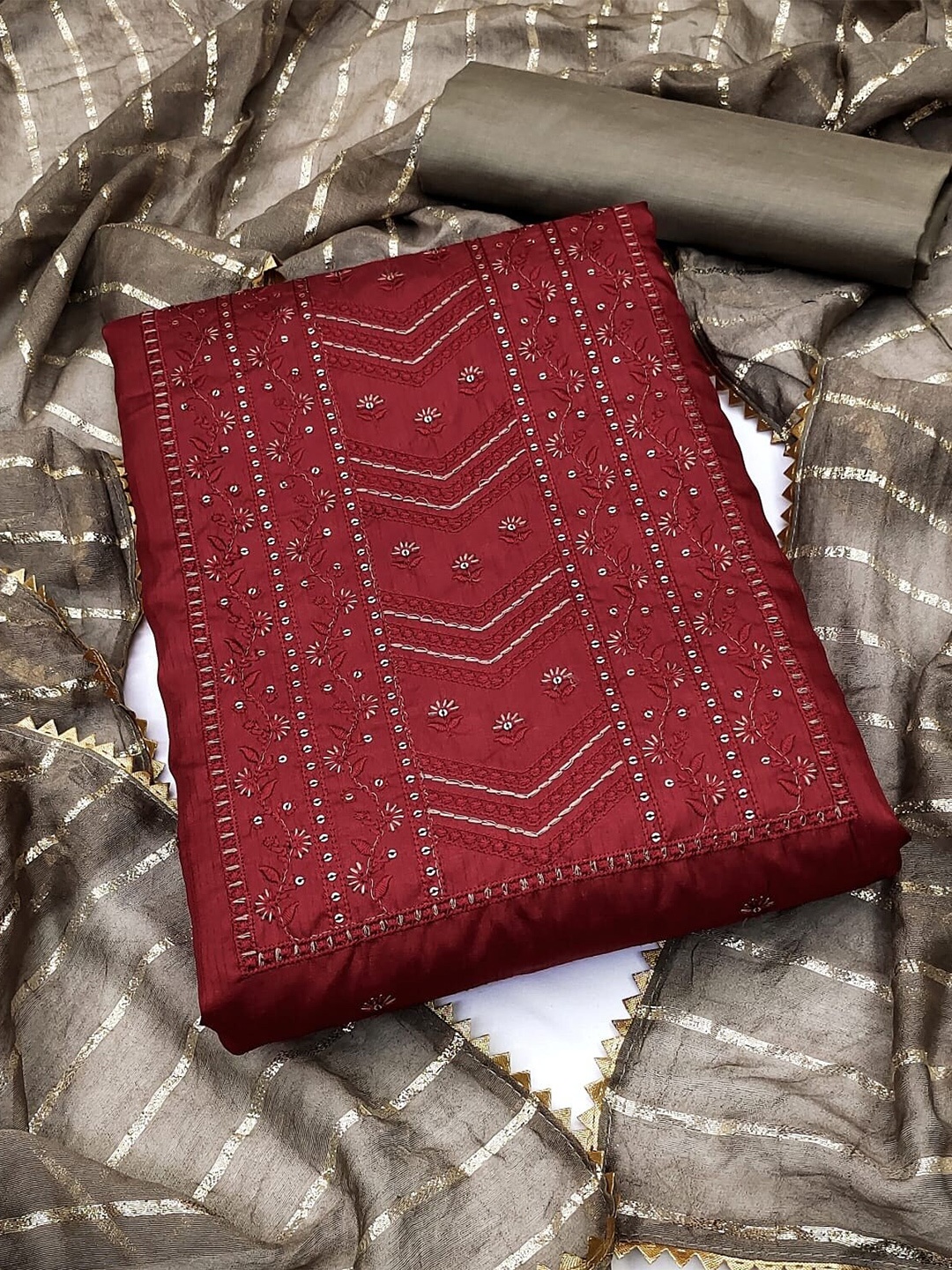 

APNISHA Floral Embroidered Pure Silk Unstitched Dress Material, Maroon