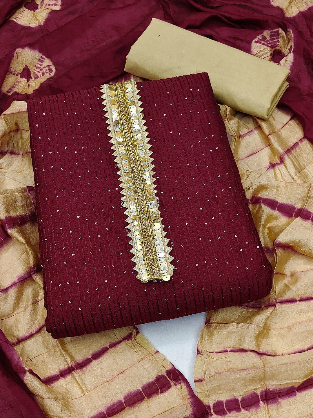 

APNISHA Embroidered Sequinned Unstitched Dress Material, Maroon