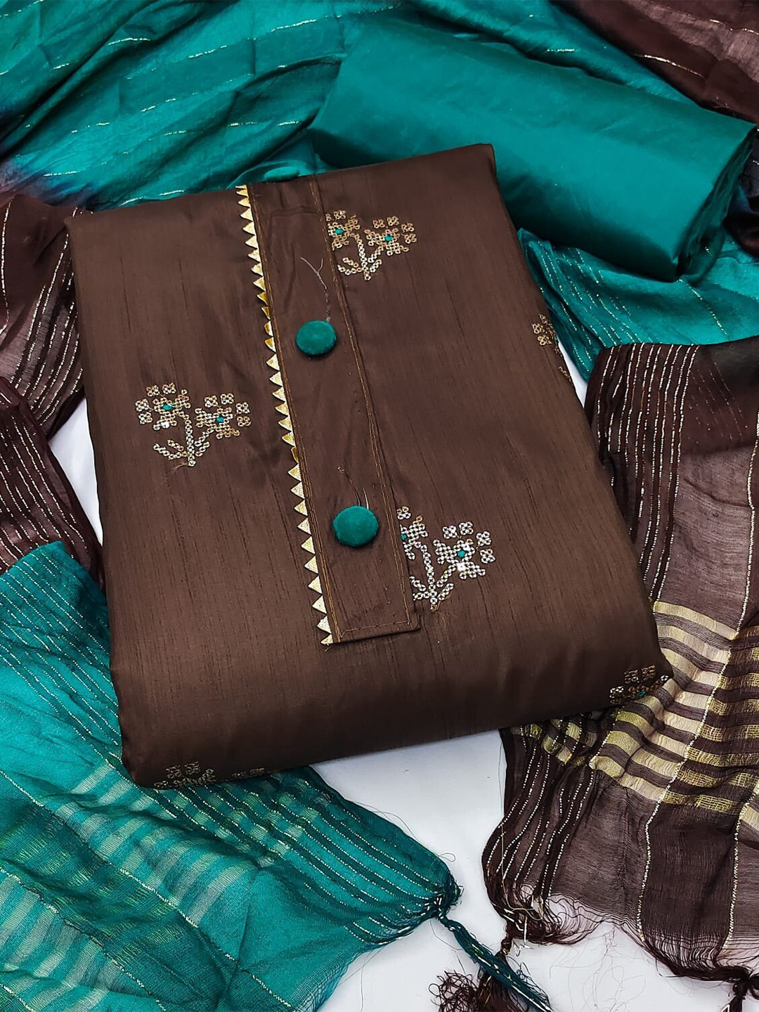 

APNISHA Floral Embroidered Gotta Patti Unstitched Dress Material, Brown