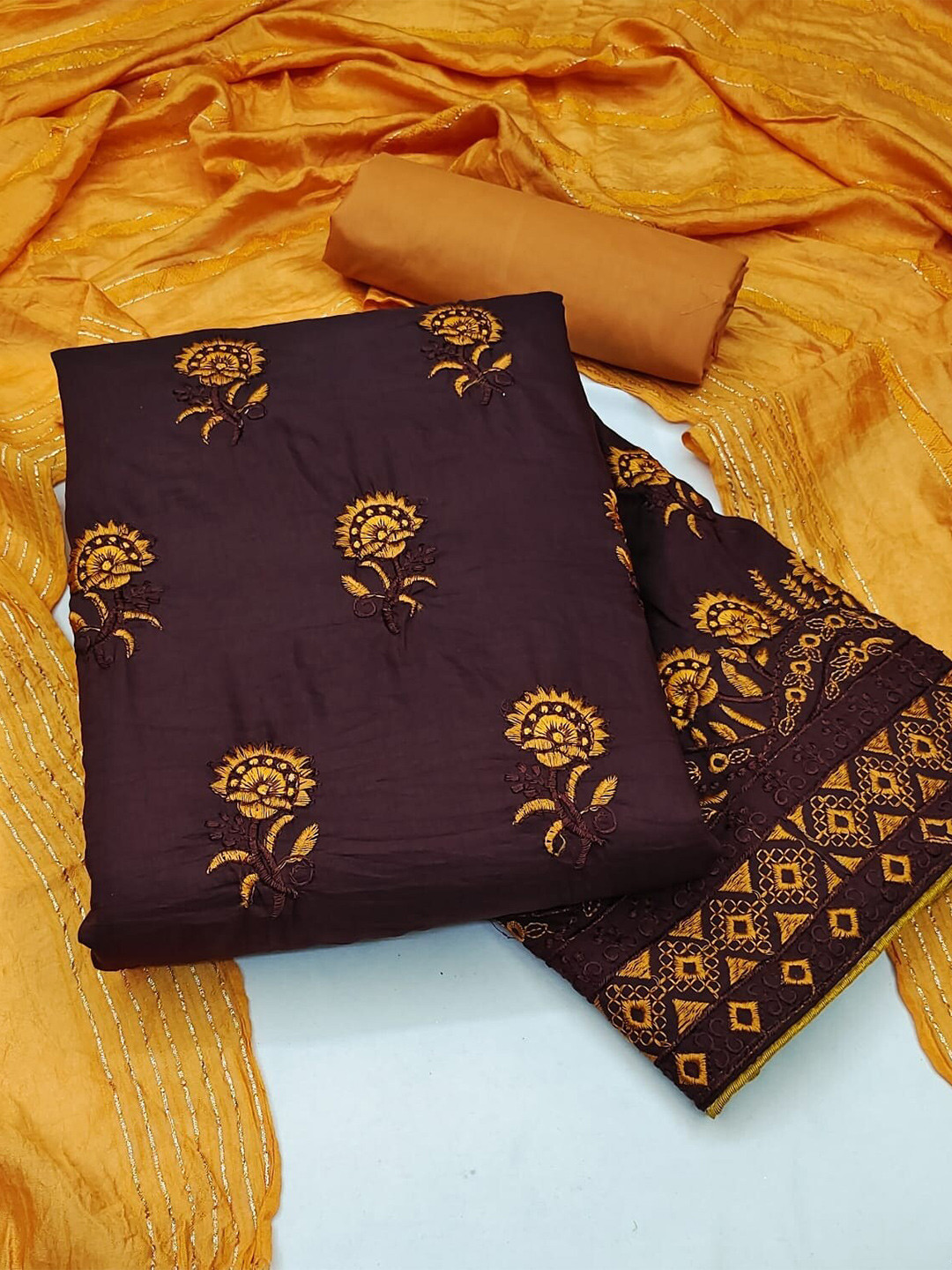 

APNISHA Embroidered Pure Silk Unstitched Dress Material, Brown