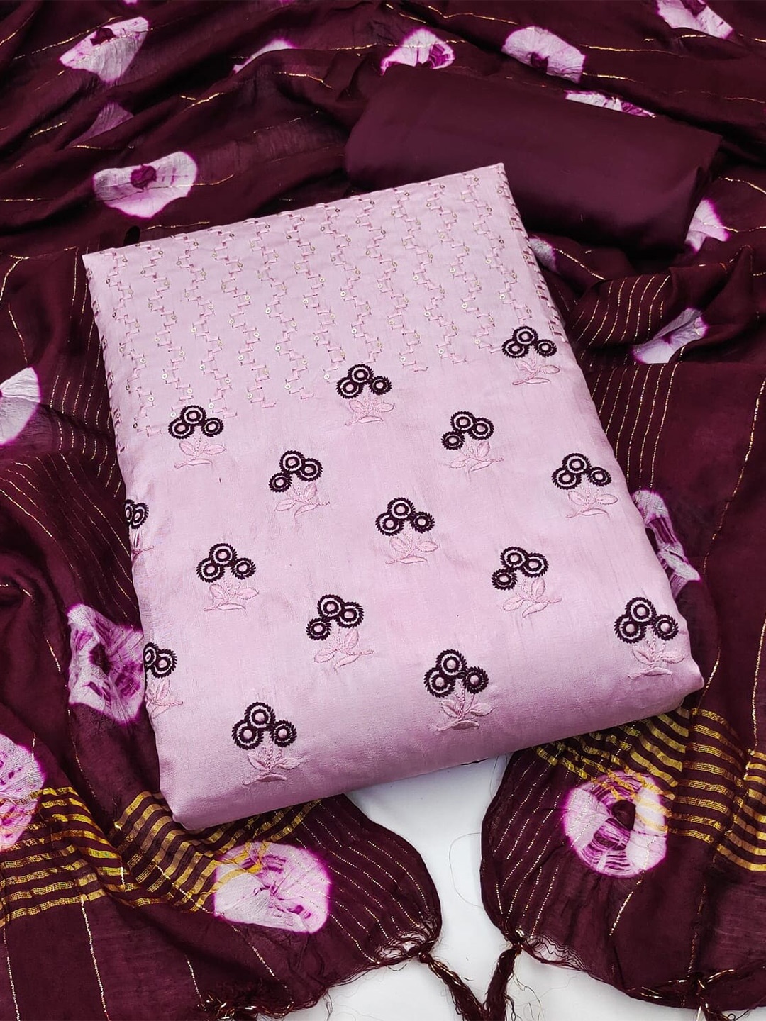 

APNISHA Embroidered Pure Silk Unstitched Dress Material, Pink