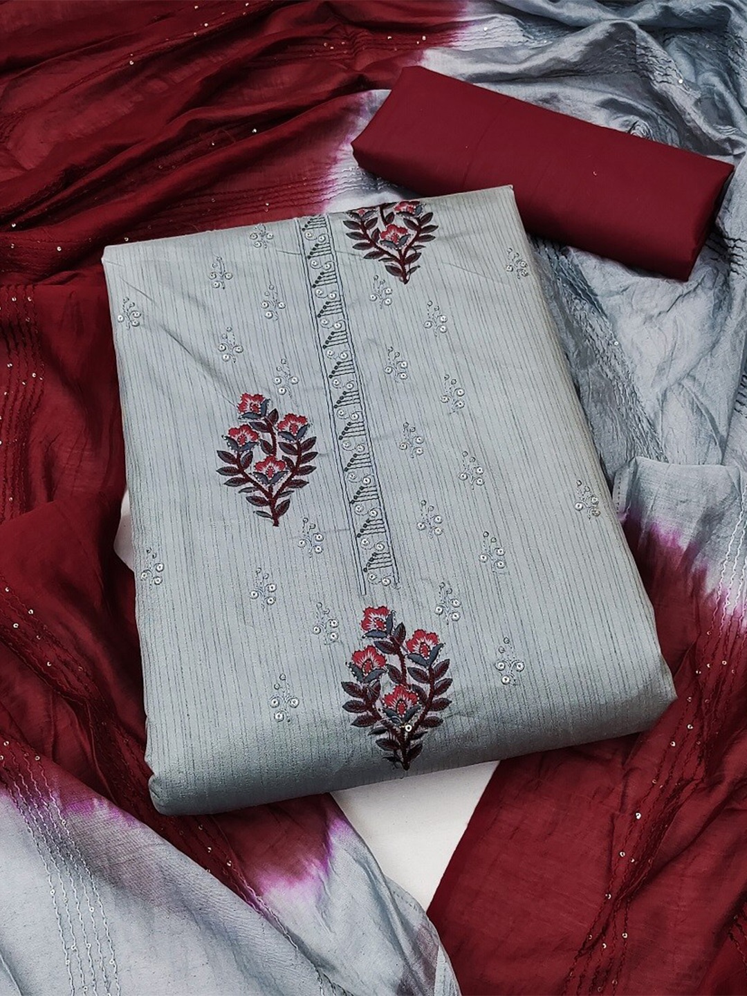 

APNISHA Embroidered Pure Silk Unstitched Dress Material, Grey