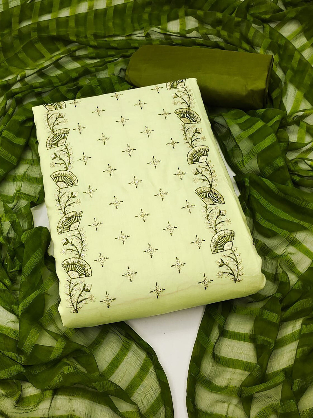 

APNISHA Ethnic Embroidered Art Silk Unstitched Dress Material, Green