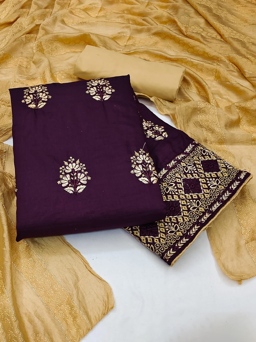 

APNISHA Floral Embroidered Pure Silk Unstitched Dress Material, Purple