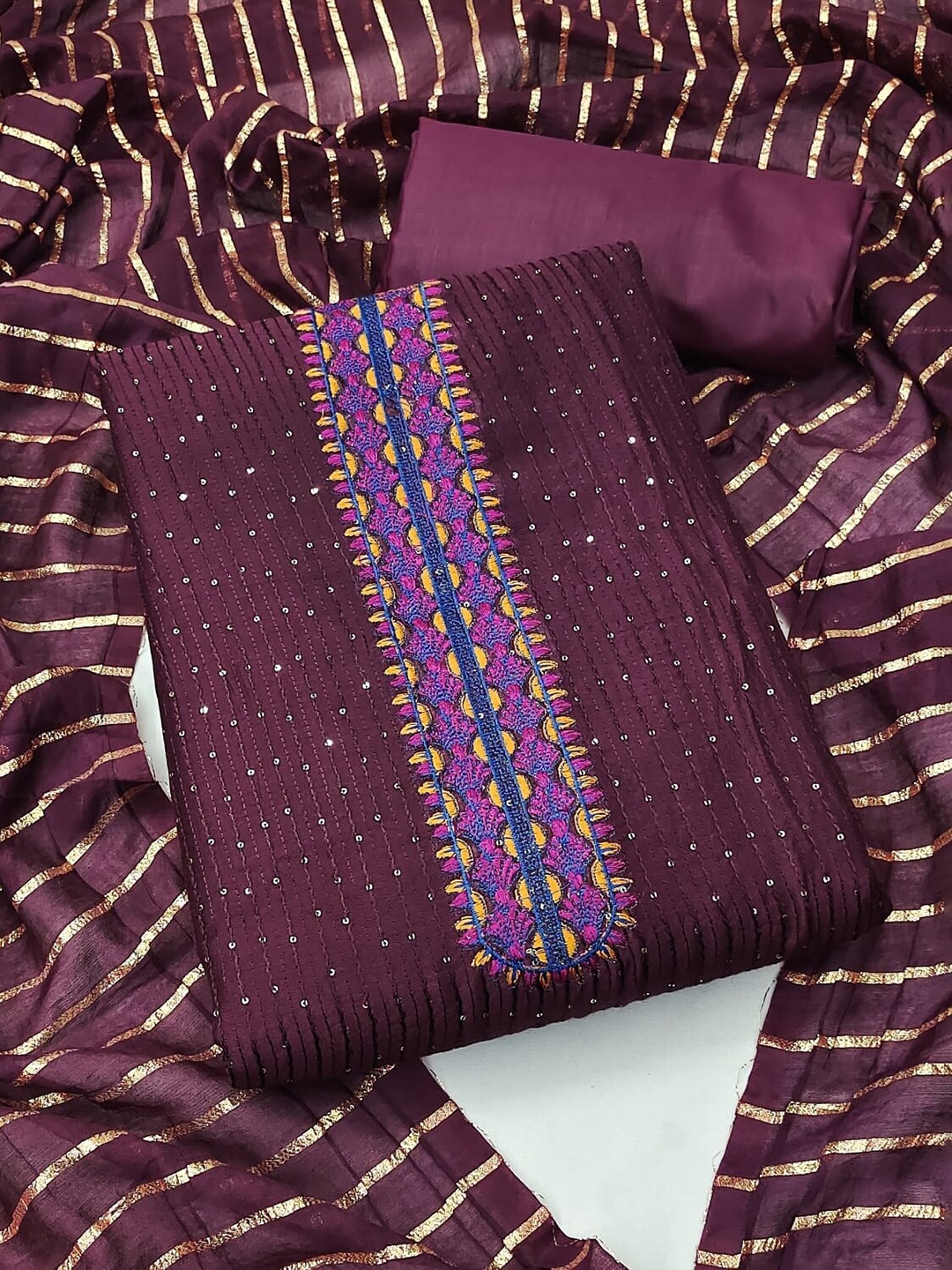 

APNISHA Embroidered Sequinned Unstitched Dress Material, Magenta