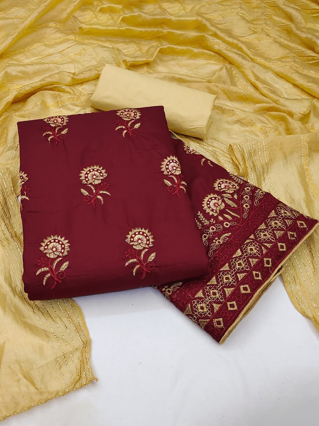 

APNISHA Embroidered Pure Silk Unstitched Dress Material, Maroon