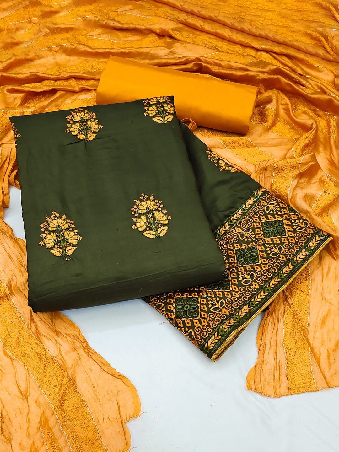 

APNISHA Floral Embroidered Pure Silk Unstitched Dress Material, Sea green