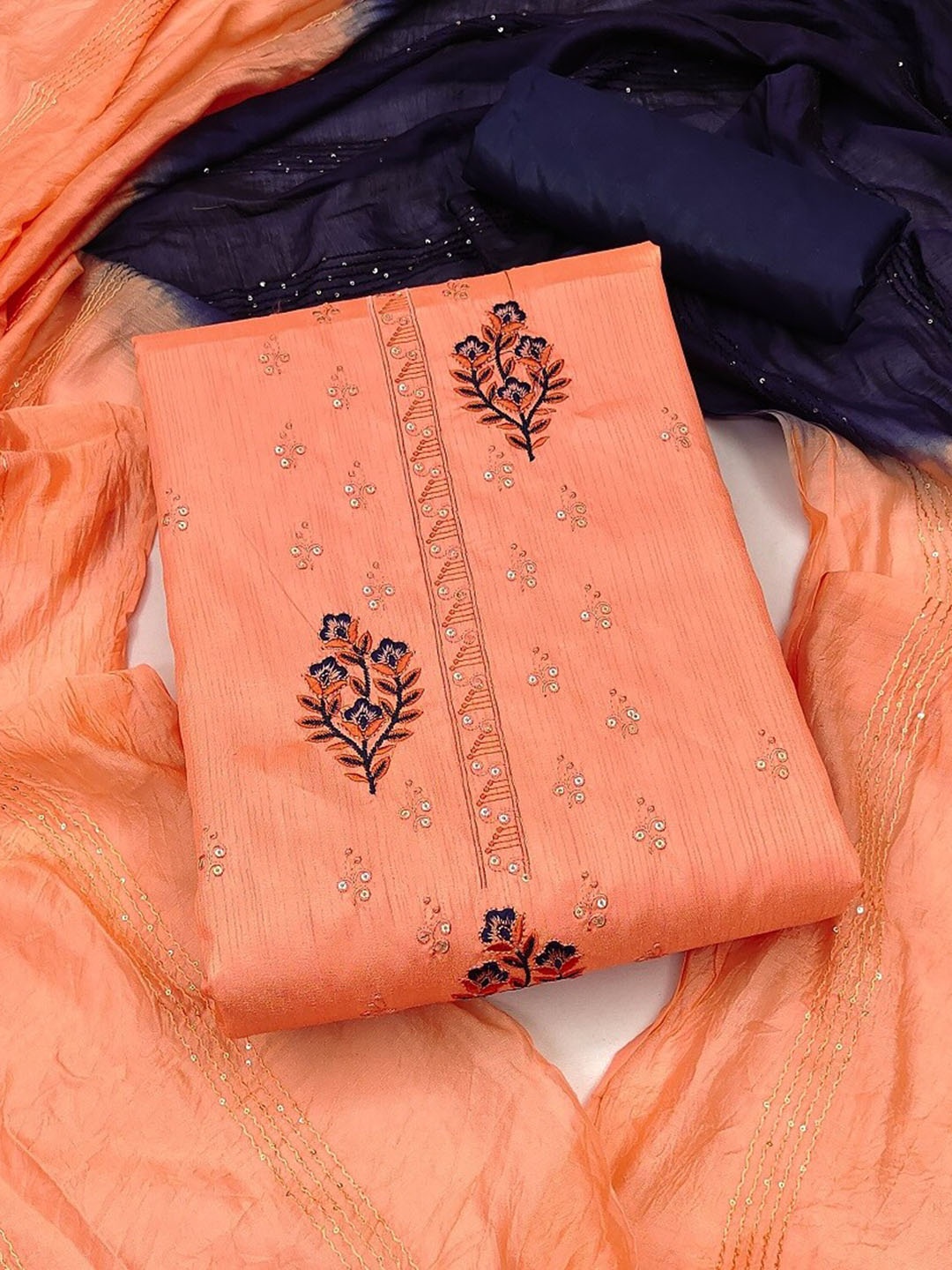 

APNISHA Embroidered Sequinned Unstitched Dress Material, Orange