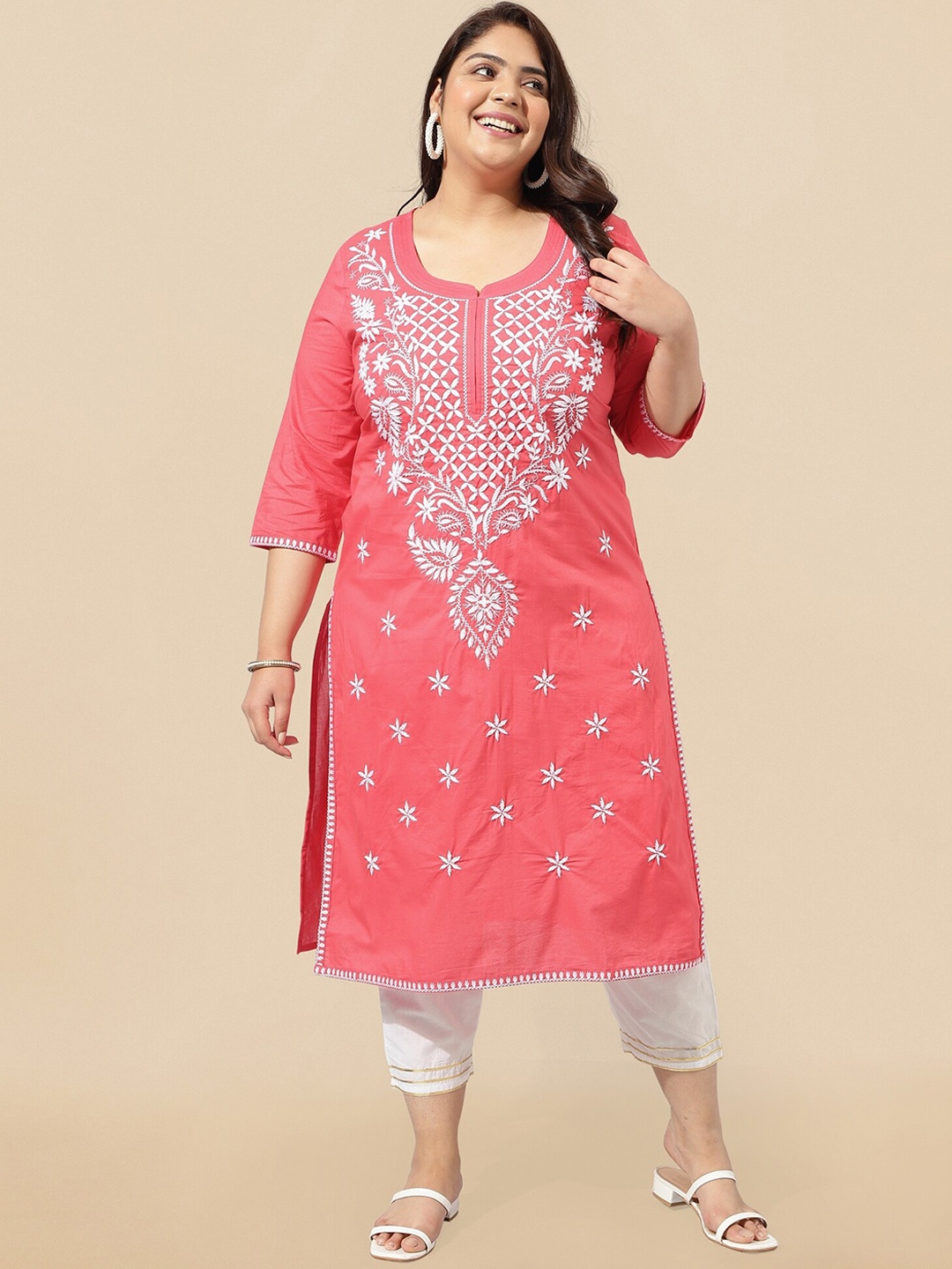 

KALINI Coral Plus Size Floral Embroidered Pure Cotton Kurta With Trousers