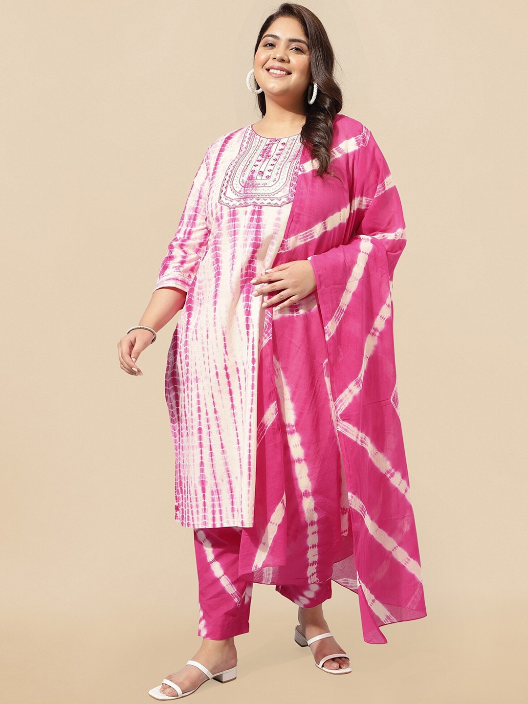 

MIRCHI FASHION Pink Plus Size Shibori Dyed Pure Cotton Kurta & Trousers With Dupatta