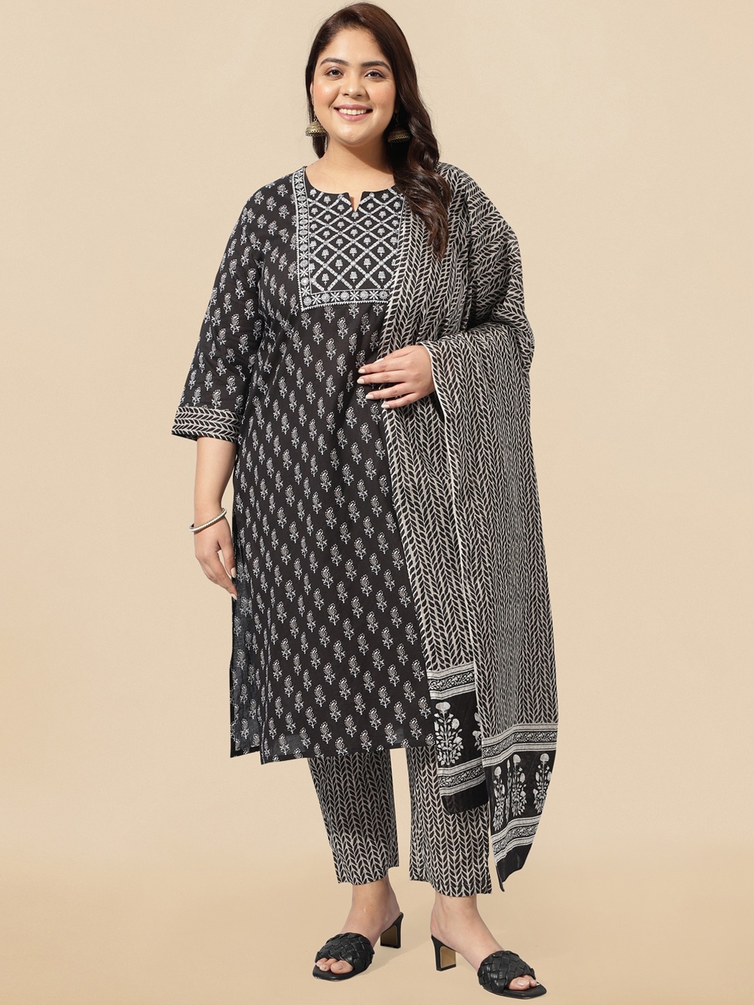 

MIRCHI FASHION Floral Printed Pure Cotton Thread Work Kurta With Trousers & Dupatta, Black