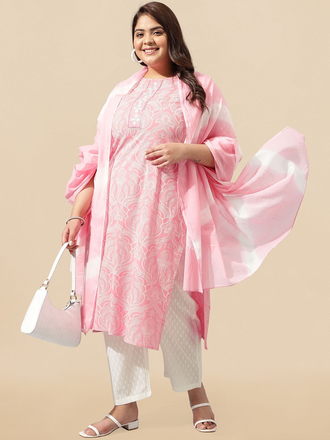 

MIRCHI FASHION Plus Size Printed Pure Cotton Thread Work Kurta With Trousers & Dupatta, Pink