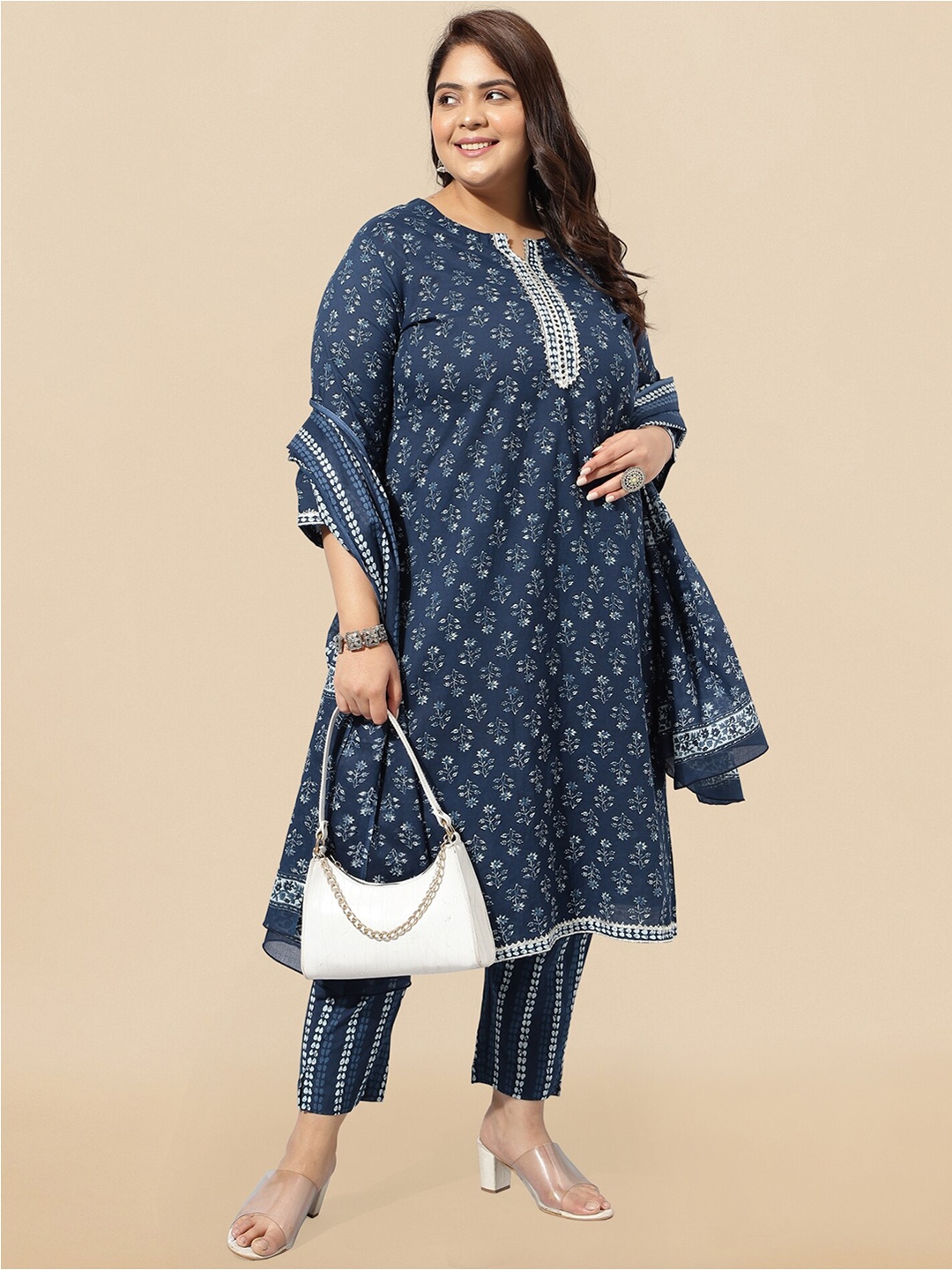 

MIRCHI FASHION Plus Size Printed Pure Cotton Gotta Patti Kurta With Trousers & Dupatta, Navy blue