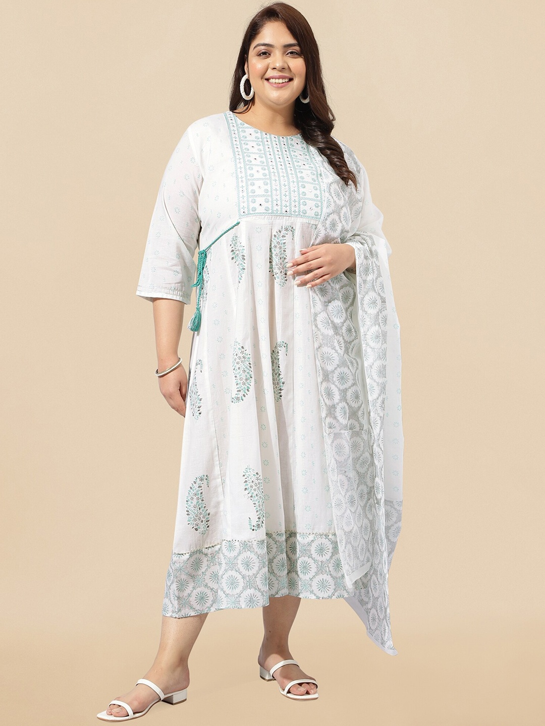 

MIRCHI FASHION Plus Size Ethnic Motifs Printed Pure Cotton Ethnic Dress With Dupatta, White