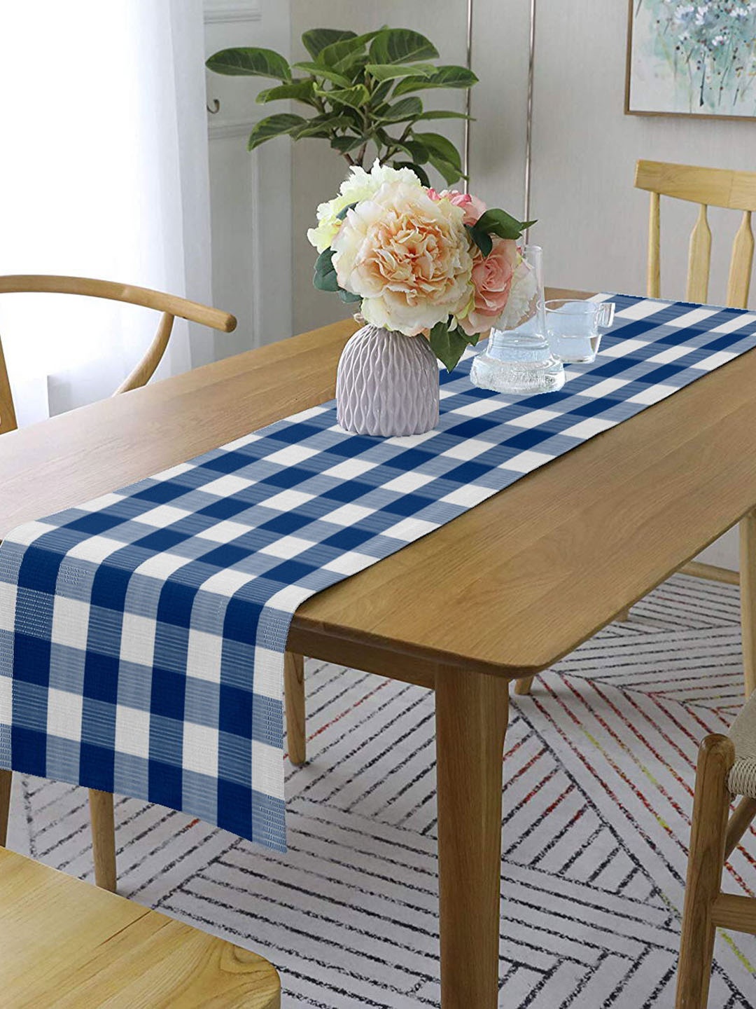 

Lushomes Blue & White Checked Pure Cotton 6-Seater Table Runner