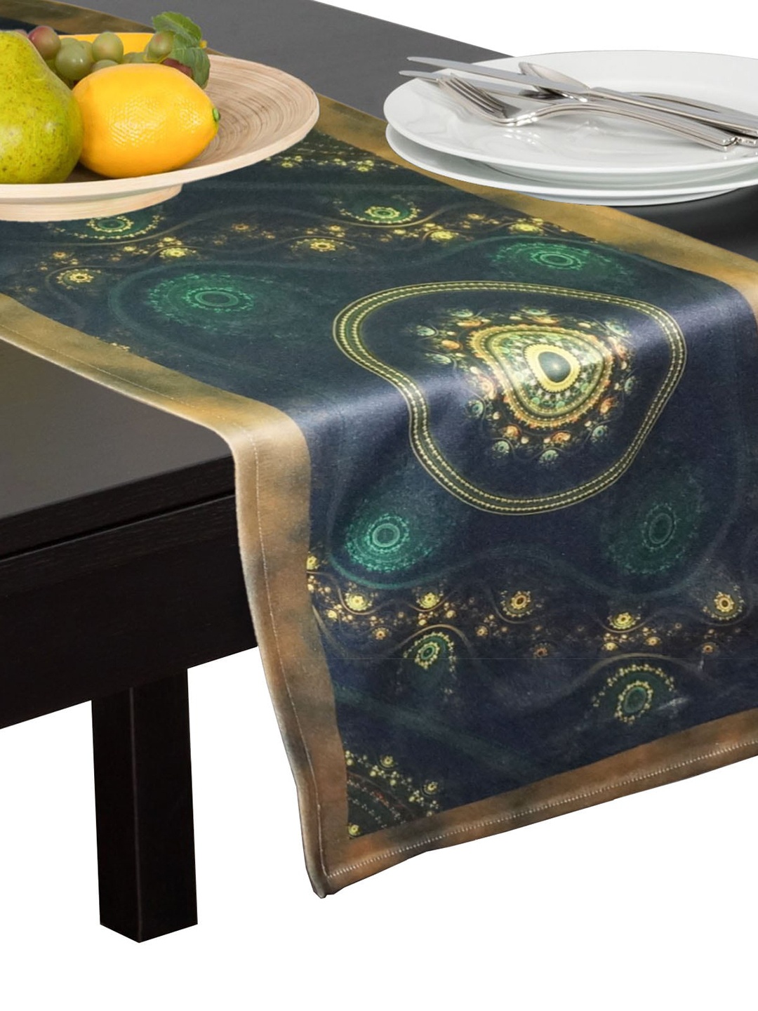 

Lushomes Green & Gold Toned Printed Rectangular Table Runner