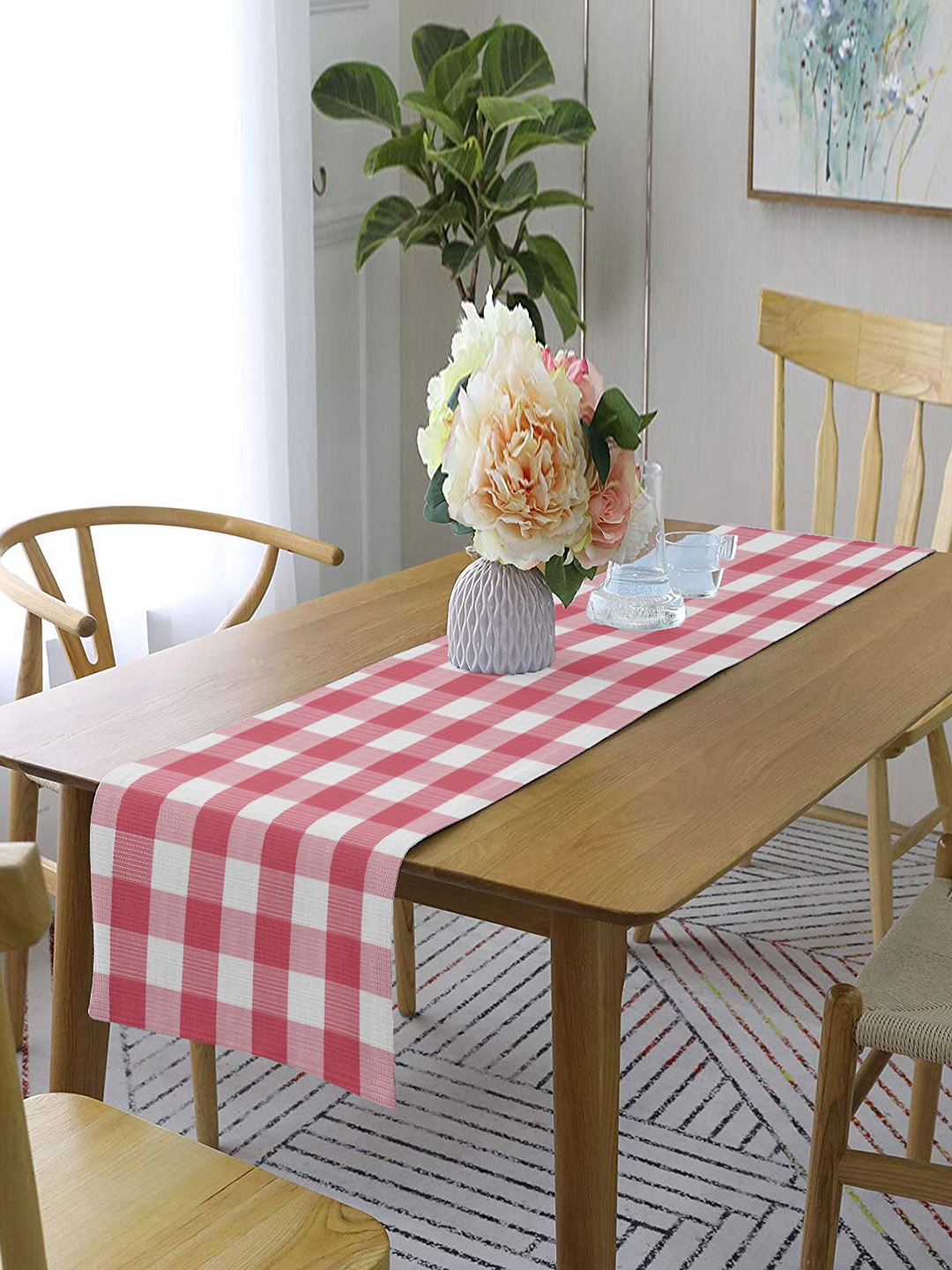 

Lushomes Pink & White Checked Pure Cotton Ribbed 6-Seater Table Runner