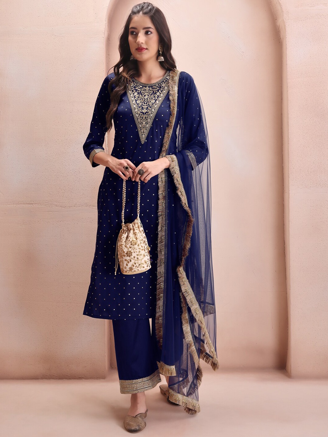

Inddus Floral Embroidered Regular Beads and Stones Kurta with Trousers & With Dupatta, Navy blue