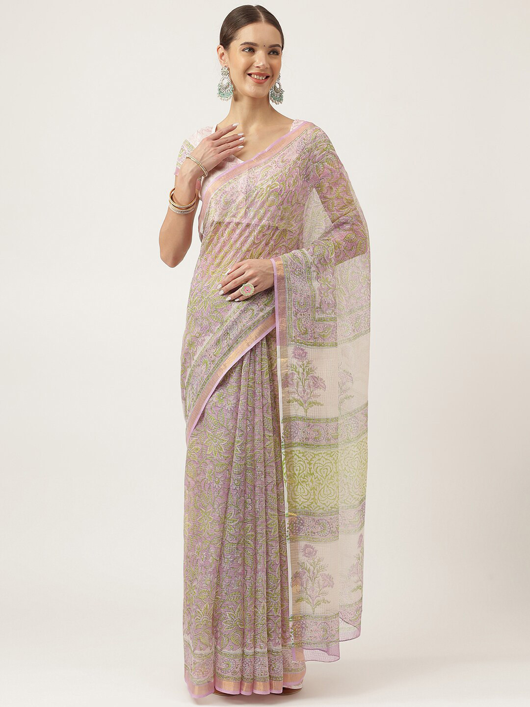

Divena Floral Printed Zari Pure Cotton Bagru Saree, Purple