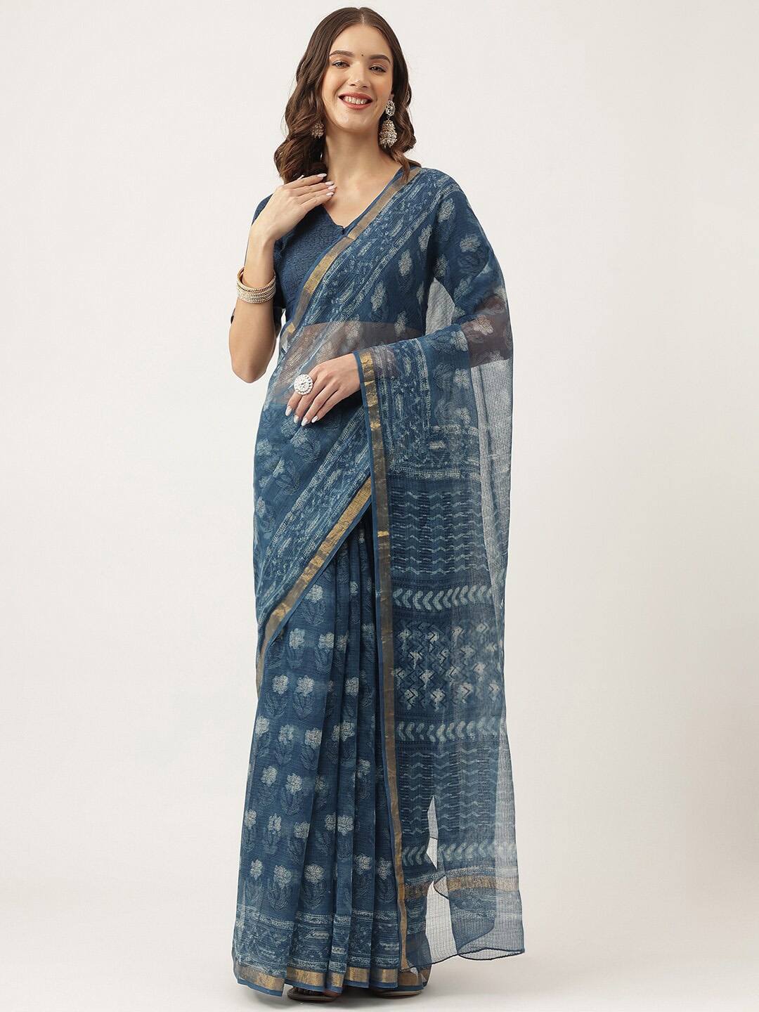 

Divena Floral Printed Zari Pure Cotton Bagru Saree, Blue