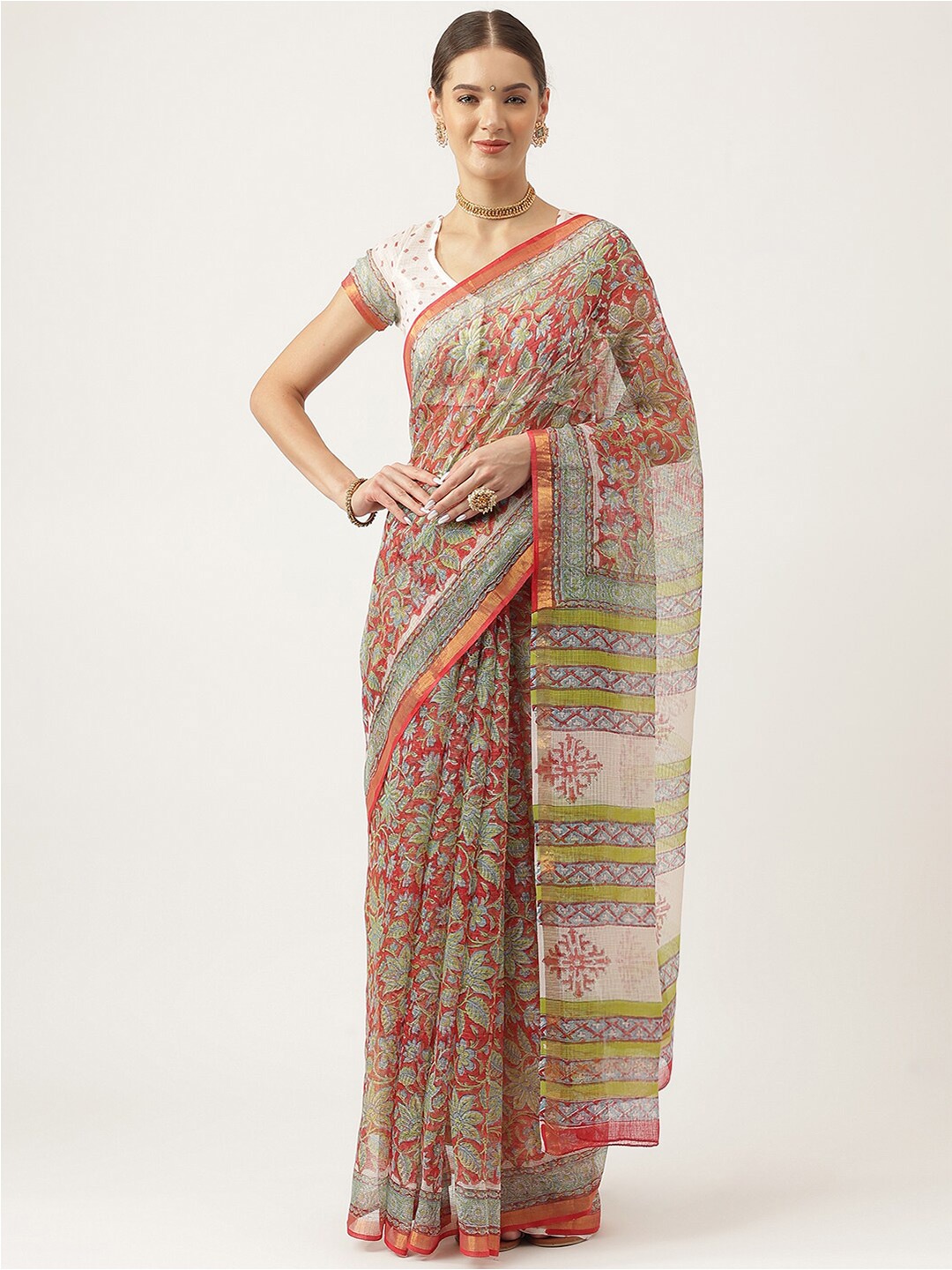 

Divena Floral Printed Zari Pure Cotton Bagru Saree, Maroon