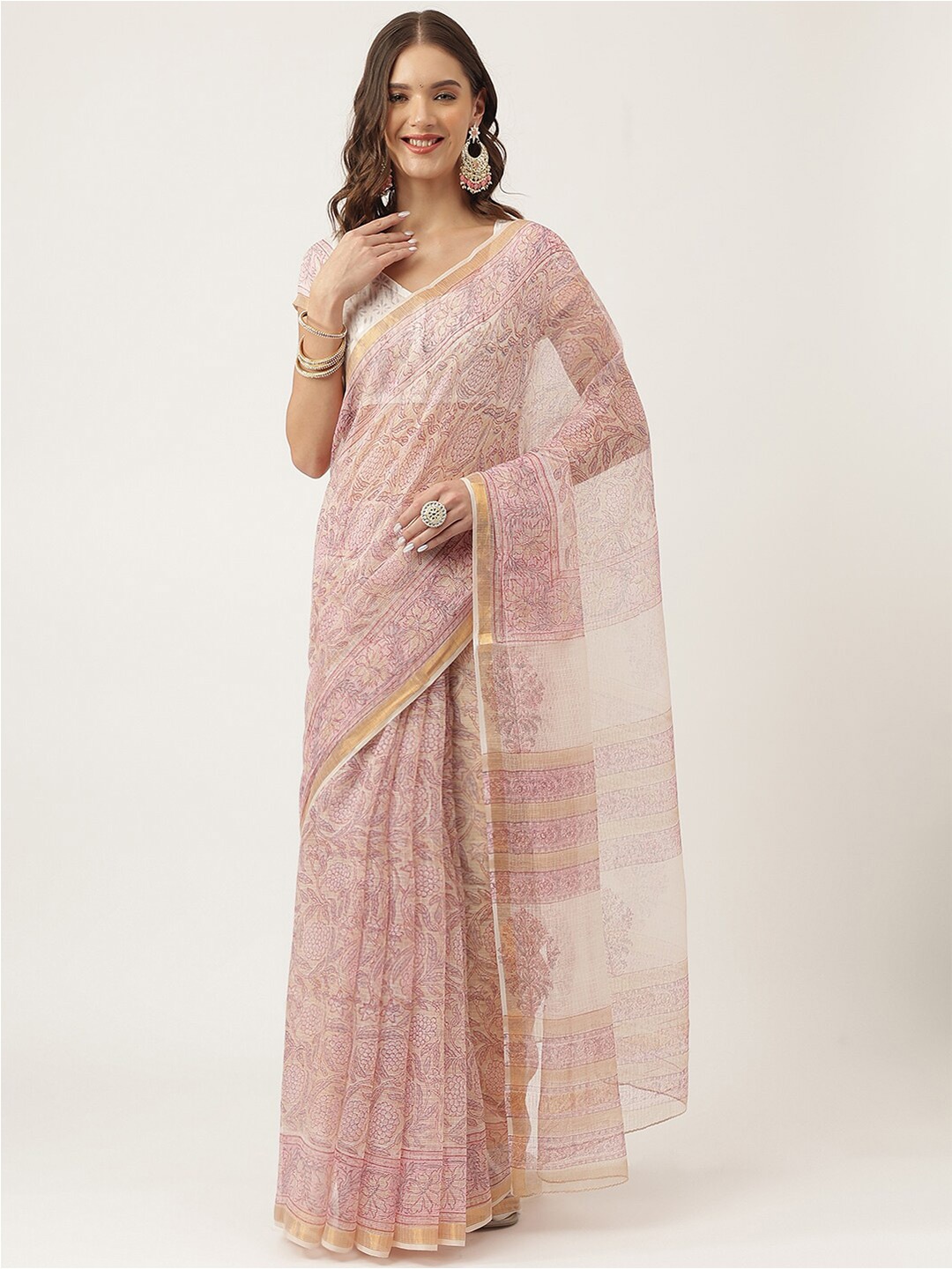 

Divena Floral Printed Zari Pure Cotton Bagru Saree, Pink