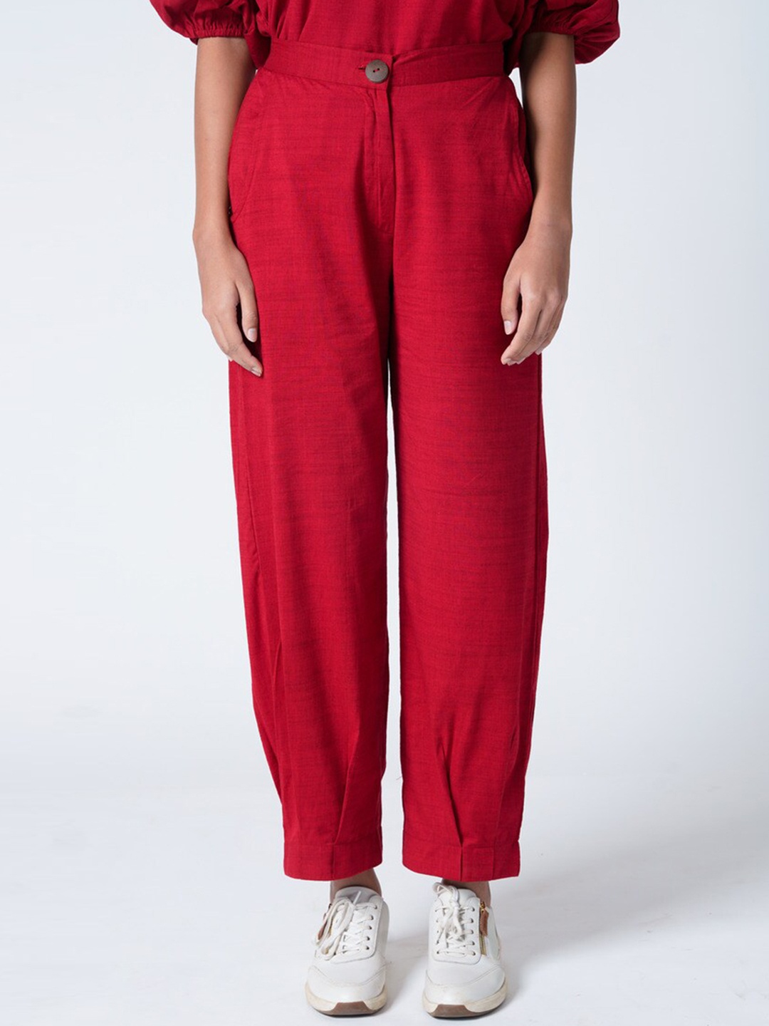 

The Kaatn Trail Women Tapered Fit High Waisted Cotton Peg Trousers, Red